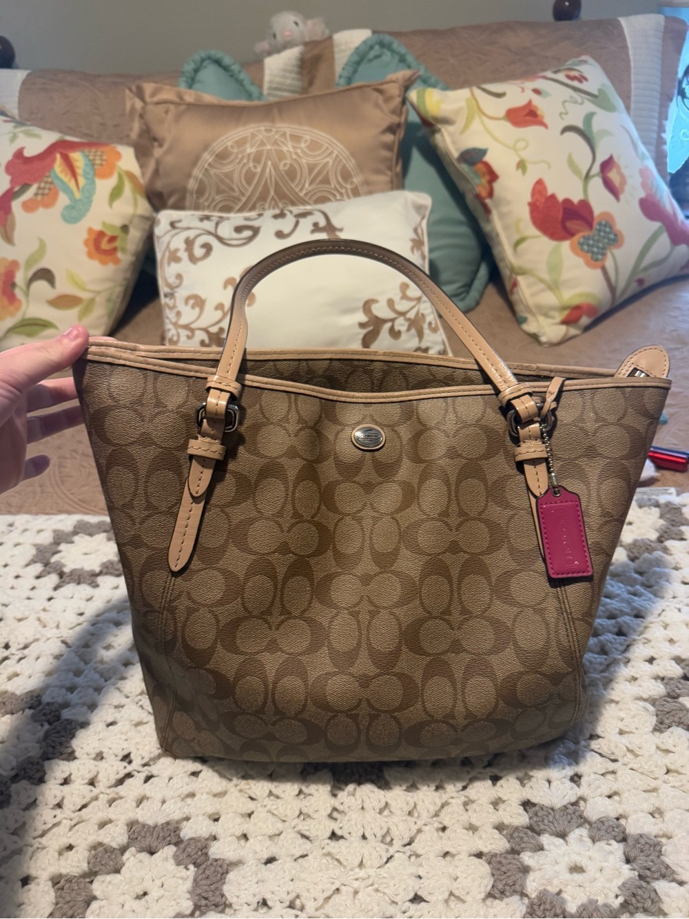 Coach Brown Signature Canvas Tote with Pink Hang Tag